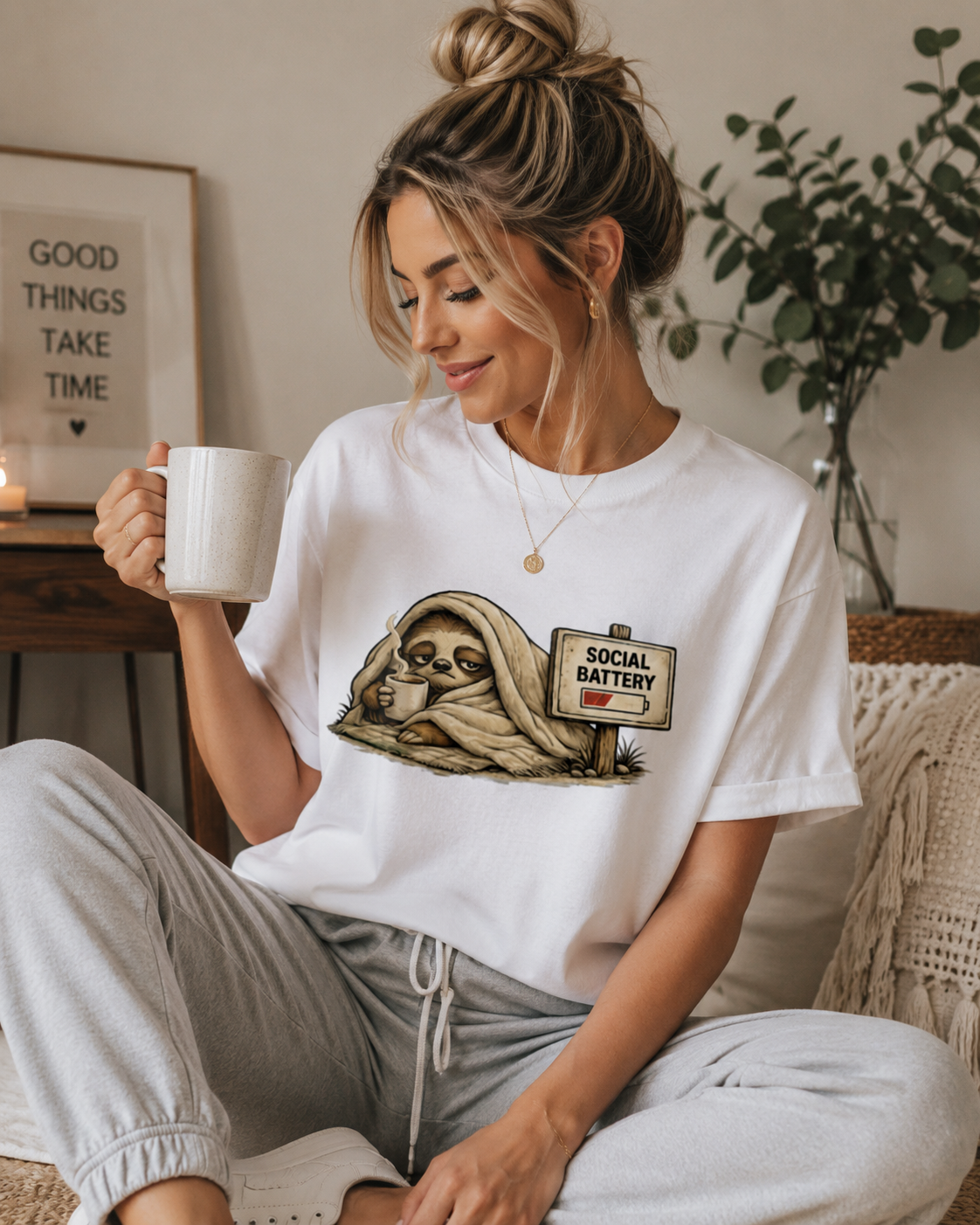 Social Battery Low Sloth T-Shirt | Funny Introvert Graphic Tee | Cozy Sloth Shirt | Homebody Gift | Anti-Social Humour