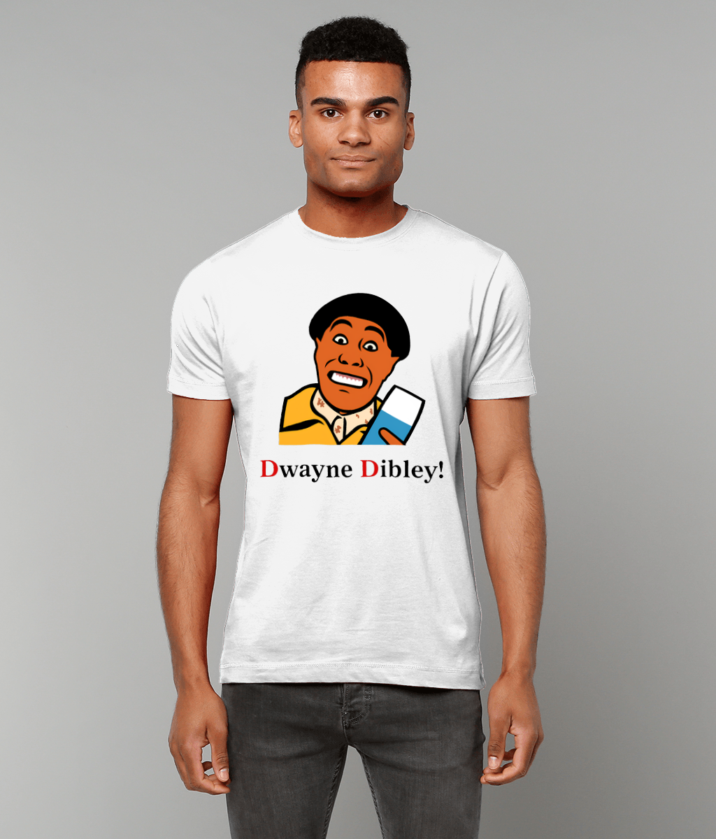Cartoon portrait of Dwayne Dibley from Red Dwarf printed on a white unisex t-shirt