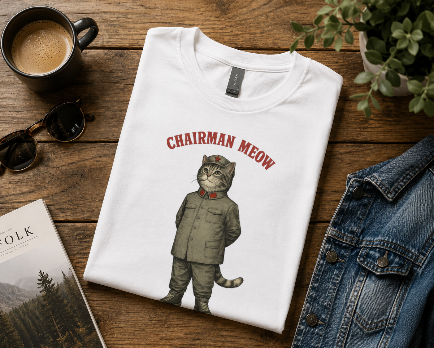 Vintage Chairman Meow cat graphic t-shirt with humorous political cat illustration and retro distressed typography.
