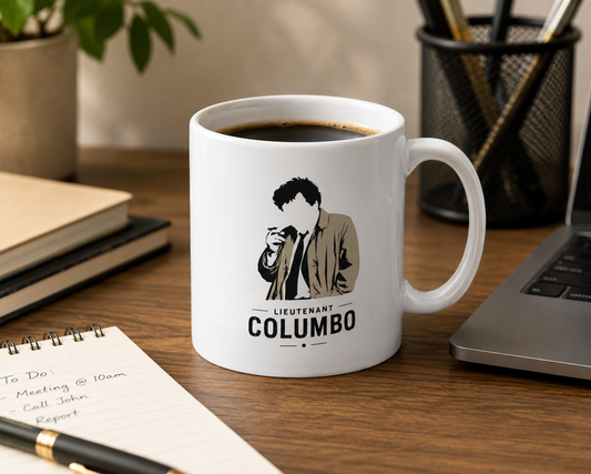 White mug with 'Lieutenant Columbo' design on a desk with coffee, laptop, and stationery.