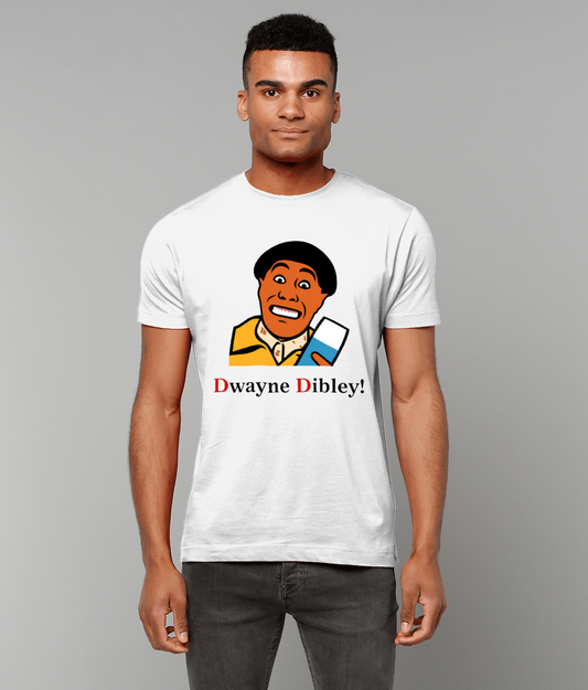 Cartoon portrait of Dwayne Dibley from Red Dwarf printed on a white unisex t-shirt